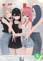  4girls absurdres bare_shoulders black_choker black_hair blue_eyes blue_hair blunt_bangs brown_eyes camisole cellphone choker collarbone comiket_104 commentary_request cowboy_shot denim denim_shorts enokawa_kokoro_(hara_kenshi) expressionless hair_over_one_eye hara_kenshi heart_on_cheek highres kimishima_touka kunitomi_ryouka kuroba_mitsuha light_brown_hair long_hair midriff miniskirt multiple_girls original phone red_eyes reflection selfie shorts skirt smartphone smile v 