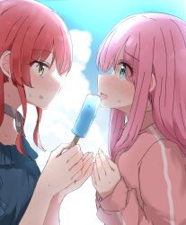  2girls absurdres black_choker blue_eyes blue_shirt bocchi_the_rock! choker cloud commentary food gotoh_hitori green_eyes hands_up highres holding holding_food holding_popsicle jacket kita_ikuyo long_hair long_sleeves multiple_girls na_bia pink_hair pink_jacket popsicle red_hair shirt sidelocks sweater tongue tongue_out upper_body yuri 