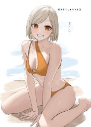  barefoot bikini breasts cleavage collarbone commentary_request earrings female hara_kenshi highres jewelry kunitomi_ryouka light_brown_hair looking_at_viewer medium_breasts orange_bikini orange_eyes original short_hair sitting smile solo swimsuit translation_request wariza 