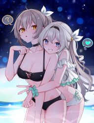  2girls :d ? alternate_costume aqua_wrist_cuffs bare_shoulders black_bra black_choker black_hairband black_panties blue_background bra breasts brown_hair choker cleavage commentary_request cowboy_shot fingernails firefly_(honkai:_star_rail) frilled_cuffs grey_hair hair_ornament hairband hand_up heart highres honkai:_star_rail honkai_(series) light_blush long_hair looking_at_viewer medium_breasts midriff multiple_girls panties pink_umbrella smile speech_bubble starry_background stelle_(honkai:_star_rail) trailblazer_(honkai:_star_rail) triangle_mouth umbrella underwear v very_long_hair water wet white_panties yellow_eyes yodare_(3yami8) yuri 