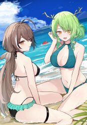  2girls alternate_costume bikini black_bikini black_hair blue_sky breasts brown_hair ceres_fauna cleavage cloud cloudy_sky day english_commentary from_behind green_bikini green_hair hair_branch highres hololive hololive_english large_breasts long_hair looking_at_viewer low_ponytail multiple_girls nanashi_mumei ocean open_mouth outdoors shuuzo3 sitting sky smile striped_clothes swimsuit virtual_youtuber white_hair yellow_eyes 