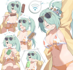  absurdres aqua_hair bikini blue_archive breasts chopsticks eating eyewear_on_head female floral_print_bikini food grey_eyes hair_over_one_eye halo highres hiyori_(blue_archive) hiyori_(swimsuit)_(blue_archive) holding holding_chopsticks holding_skewer hotarihotaru jacket large_breasts long_hair navel popsicle side_ponytail skewer sunglasses swimsuit wi-fi_symbol yellow_jacket 