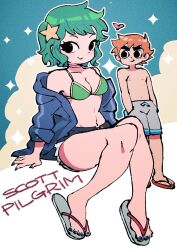  1boy 1girls bikini_top black_eyes blue_nails blush female flip_flops green_bikini_top green_hair hair_ornament heart jacket male nail_polish orange_hair partially_clothed ramona_flowers sandals scott_pilgrim scott_w_pilgrim short_hair shorts sparkles star tetu 