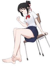  absurdres bare_legs barefoot black_hair blue_skirt bow bowtie breasts brown_eyes chair closed_mouth feet female foot_focus full_body hair_ribbon highres kimi_no_na_wa. lan_mao_akko medium_breasts miniskirt miyamizu_mitsuha red_bow red_bowtie red_ribbon ribbon shirt short_sleeves simple_background sitting skirt smile solo thighs white_background white_shirt 