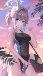  absurdres animal_ear_fluff animal_ears bag black_one-piece_swimsuit blue_archive blue_eyes breasts can competition_swimsuit contrapposto covered_navel cross_hair_ornament drink_can extra_ears female food grey_hair hair_ornament halo highleg highleg_one-piece_swimsuit highres kukeylove low_ponytail medium_breasts medium_hair mismatched_pupils multicolored_clothes multicolored_swimsuit official_alternate_costume one-piece_swimsuit popsicle shiroko_(blue_archive) shiroko_(swimsuit)_(blue_archive) soda_can solo sunset swimsuit wolf_ears 