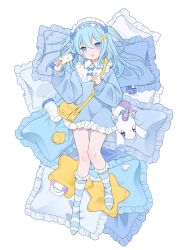  bag blue_bow blue_eyes blue_hair blue_hairband blue_socks blue_theme blush bottle bow collared_dress dress female frilled_dress frilled_hairband frilled_pillow frilled_socks frills full_body hair_between_eyes hair_ornament hair_spread_out hairband hands_up highres horizontal-striped_socks kneehighs knees_together_feet_apart kotoruri long_hair long_sleeves looking_at_viewer lying milk_bottle no_shoes on_back open_mouth original pacifier pillow puffy_long_sleeves puffy_sleeves rubber_duck shoulder_bag simple_background single_eyebrow socks solo star_(symbol) star_hair_ornament stuffed_animal stuffed_toy stuffed_unicorn two-tone_socks two_side_up white_background white_socks yellow_bag 