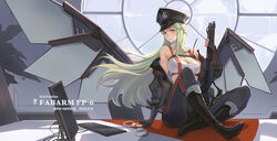  antennae artist_name black_footwear black_gloves black_jacket black_pants blush boots braid breasts character_name cleavage commentary_request computer computer_keyboard copyright_name crop_top cuffs dated desk female fingerless_gloves fp-6_(girls&#039;_frontline) fp6 girls&#039;_frontline gloves green_eyes green_hair gun hair_ornament handcuffs hat highres holding holding_gun holding_weapon jacket large_breasts long_hair machinery military military_hat military_uniform mole mole_on_breast monitor off_shoulder on_desk open_mouth pants peaked_cap photoshop_(medium) shadow shield shield_module shotgun sima_naoteng sitting smile solo strap striped suspenders uniform weapon window 