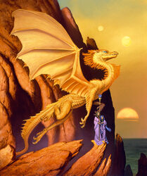  2002 ambiguous_gender anthro blue_eyes calendar cave claws clothing dragon female feral group human mammal melee_weapon membrane_(anatomy) membranous_wings michael_whelan moon mountain mythological_creature mythological_scalie mythology outside polearm robe rock scalie sky staff sunset tail water weapon wings 