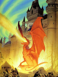  1990 ambiguous_gender anthro armor banner bat_wings belt blue_sky breath_powers castle claws clothing cloud detailed_background dragon elemental_manipulation feral fire fire_breathing fire_manipulation flag fortress girdle group headgear helmet hi_res human magic magic_circle magic_user male mammal melee_weapon membrane_(anatomy) membranous_wings michael_whelan mythological_creature mythological_scalie mythology official_art outside plant polearm robe round_shield scales scalie shield sky spear spines sword tail tent tongue tower tree turrets weapon wing_claws wings wood wood_shield yellow_body yellow_scales yurt 