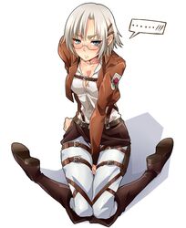  ... arai_nobu blue_eyes blush boots commentary_request emblem female garrison_regiment_(emblem) glasses jacket knee_boots looking_at_viewer paradis_military_uniform rico_brzenska shingeki_no_kyojin short_hair silver_hair solo thigh_strap 