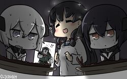  ! !! 3girls abyssal_ship abyssal_twin_princess_(black) abyssal_twin_princess_(white) animalization apron bad_food bear black_dress black_hair blush chikuma_(kancolle) closed_eyes commentary dated dress flying_sweatdrops hair_between_eyes hamu_koutarou highres isokaze_(kancolle) kantai_collection kappougi long_hair multiple_girls polar_bear short_hair sleeveless sleeveless_dress sparkle sweat turn_pale white_dress white_hair 