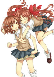  2girls absurdres ankle_socks brown_eyes brown_hair commentary_request highres hug kneehighs loafers long_hair loose_socks misaka_mikoto multiple_girls school_uniform serafuku shirai_kuroko shoes short_hair shorts shorts_under_skirt skirt socks summer_uniform sweater_vest tm-pika toaru_kagaku_no_railgun toaru_majutsu_no_index tokiwadai_school_uniform twintails uniform 