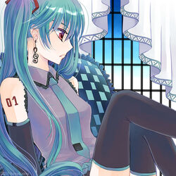  aqua_hair black_thighhighs blouse brown_eyes detached_sleeves hatsune_miku hayakamu long_hair necktie sitting sleeveless_blouse thighhighs twintails vocaloid 