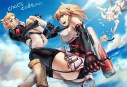  3girls bare_shoulders black_footwear black_legwear blonde_hair blue_eyes blue_sky boots breasts brown_footwear chaos_code cloud commentary_request contrail copyright_name covered_nipples cthylla_(chaos_code) day dress elbow_gloves falling flying flying_sweatdrops full_body garter_straps gloves headgear highres hugging_own_legs jacket large_breasts long_hair long_sleeves lupinus_(chaos_code) miniskirt mishima_rui multiple_girls open_mouth outdoors reaching sailex sharp_teeth short_hair sideboob silver_hair skirt sky sleeveless sleeveless_dress smile teeth thighhighs tonfa weapon 