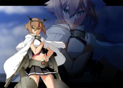  breasts brown_hair commentary_request female gloves green_eyes hairband hand_on_own_chest hand_on_own_hip headgear kantai_collection large_breasts machinery midriff military military_uniform mutsu_(kancolle) naval_uniform navel pleated_skirt short_hair skirt solo turret uniform white_gloves yume_developing 