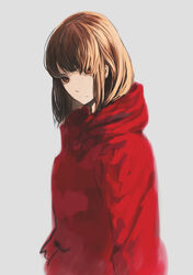  absurdres brown_eyes brown_hair closed_mouth commentary_request female from_side grey_background highres hood hood_down hoodie long_sleeves looking_at_viewer original red_hoodie short_hair simple_background solo sorakuma_(oycue41) upper_body 