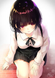  amahara_pekozaemon artist_name bad_id bad_pixiv_id black_hair female from_above highres long_sleeves open_mouth original pleated_skirt red_eyes seiza sitting skirt solo 