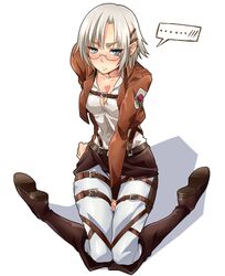  ... arai_nobu blue_eyes blush boots emblem female garrison_regiment_(emblem) glasses jacket knee_boots looking_at_viewer paradis_military_uniform rico_brzenska shingeki_no_kyojin short_hair solo thigh_strap white_hair 