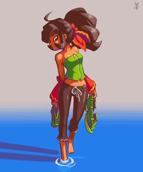  ahoge bandana bare_shoulders barefoot big_hair black_hair breasts capri_pants dark-skinned_female dark_skin detached_sleeves female full_body joakim_sandberg long_hair midriff mina_(the_iconoclasts) pants ponytail shoes sidelocks small_breasts solo strapless the_iconoclasts unworn_shoes walking walking_on_liquid water zipper 