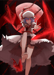  adapted_costume arm_up bare_legs barefoot bat_wings black_panties broken broken_chain chains commentary english_commentary fangs feet feet_up female foot_dangle frilled_skirt frills hat hat_ribbon highres leg_up leris_muma light_purple_hair looking_at_viewer miserable_fate mob_cap moon outstretched_arm outstretched_hand panties pantyshot pink_eyes puffy_short_sleeves puffy_sleeves reaching reaching_towards_viewer red_eyes red_moon red_ribbon red_theme remilia_scarlet ribbon short_hair short_sleeves skirt slit_pupils soles solo standing standing_on_one_leg stepping teeth toes touhou underwear upskirt wings wrist_cuffs 