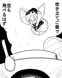  bowl bowl_hat commentary falling female futa_(nabezoko) greyscale hat japanese_clothes kamado kimono monochrome o_o open_mouth shamoji solo steam sukuna_shinmyoumaru touhou translated 