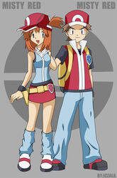  alternate_costume alternate_hairstyle blue_(pokemon)_(cosplay) brown_hair cosplay couple green_eyes hat jacket jczala_(artist) jeans kasumi_(pokemon) kasumi_(pokemon) long_hair loose_socks randosel red_(pokemon) red_eyes red_hair side_ponytail simple_background skirt sleeveless tennis_shoes waist_bag 