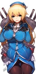  ascot atago_(kancolle) beret black_gloves black_pantyhose black_skirt blonde_hair blue_background blue_hat blue_jacket breasts cannon collared_shirt commentary_request cowboy_shot female furrowed_brow gloves hands_on_own_chest hat highres jacket kantai_collection large_breasts long_hair looking_at_viewer military military_uniform mukka open_mouth pantyhose rigging shirt skirt solo turret uniform 