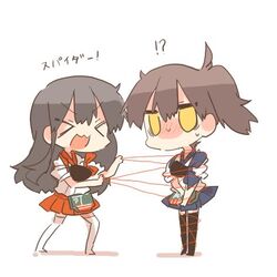  !? &gt;_&lt; 2girls akagi_(kancolle) bad_id bad_twitter_id binding black_hair blush brown_hair chibi closed_eyes kaga_(kancolle) kantai_collection long_hair lowres multiple_girls muneate open_mouth rebecca_(keinelove) short_hair side_ponytail smile solid_oval_eyes sweat thighhighs thread translated yellow_eyes 