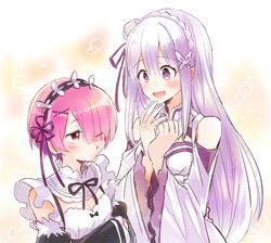  2girls :d bare_shoulders blush braid breasts cleavage commentary_request crown_braid detached_sleeves dress elf emilia_(re:zero) eyes_visible_through_hair flower frills gaa_(butsugen) grey_hair hair_flower hair_ornament hair_over_one_eye hair_ribbon long_hair looking_at_another maid maid_headdress multiple_girls one_eye_closed open_mouth pink_hair pointy_ears purple_eyes ram_(re:zero) re:zero_kara_hajimeru_isekai_seikatsu red_eyes ribbon roswaal_mansion_maid_uniform short_hair small_breasts smile upper_body x_hair_ornament 