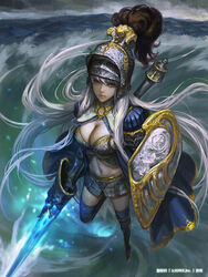  boots breasts chinese_commentary cleavage collaboration commentary_request female glowing helm helmet large_breasts long_hair looking_at_viewer midriff official_art photoshop_(medium) seisen_cerberus shield skirt sky solo swirling sword thighhighs very_long_hair weapon white_hair xiaji yang_yang_(tigu) yellow_eyes 