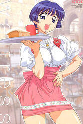  :d ai_yori_aoshi anna_miller blue_eyes blue_hair breasts cake cup female food hand_on_own_hip hasegawa_shin&#039;ya highres impossible_clothes impossible_shirt medium_breasts miniskirt official_art open_mouth pastry photoshop_(medium) sakuraba_aoi scan shirt short_hair skirt smile solo waitress 