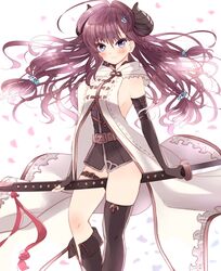  :3 blush breasts cosplay female granblue_fantasy highres horns ichinose_shiki idolmaster idolmaster_cinderella_girls katana large_breasts long_hair looking_at_viewer medium_breasts narmaya_(granblue_fantasy) narmaya_(granblue_fantasy)_(cosplay) protected_link purple_eyes scha sideboob solo sword wavy_hair weapon 