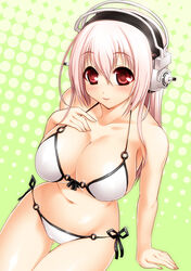  bikini breasts headphones large_breasts mizugi pink_hair red_eyes side-tie_bikini soniko super_soniko 