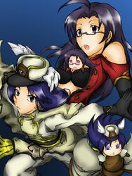  4girls arc_system_works artist_request bare_shoulders between_breasts black_hair blazblue blue_eyes blue_hair breasts chinese_clothes clone cosplay female glasses hat idolmaster imai_asami kisaragi_chihaya litchi_faye_ling litchi_faye_ling_(cosplay) long_hair looking_at_viewer minigirl miura_azusa multiple_girls namco open_mouth purple_eyes seiyuu_connection serious takahashi_chiaki tsubaki_yayoi tsubaki_yayoi_(cosplay) uniform 