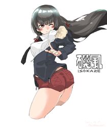  absurdres belt black_hair breasts closed_mouth collared_shirt commentary_request cowboy_shot dated female hair_ribbon highres isokaze_(kancolle) kantai_collection kirishina_(raindrop-050928) long_hair long_sleeves looking_at_viewer medium_breasts one-hour_drawing_challenge one_eye_closed pocket pointing red_eyes ribbon shirt shorts simple_background smile solo tress_ribbon twitter_username white_background white_shirt 