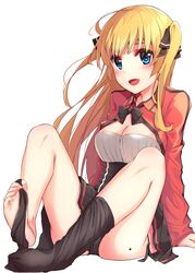  bare_legs barefoot blonde_hair blue_eyes cleaveage feet female open_mouth ribbons soles stockings tanita 