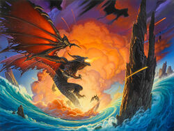  2010 bat_wings black_body black_scales blizzard_entertainment breath_powers claws cloud deathwing dragon elemental_manipulation fangs feral fire fire_breathing fire_manipulation furgonomics horn male membrane_(anatomy) membranous_wings michael_whelan mythological_creature mythological_scalie mythology orange_eyes outcrop outside rock scales scalie sea sky smoke solo steam tail teeth warcraft water wave wing_armor wing_claws wings 