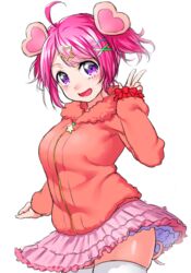  :d ahoge bad_id bad_pixiv_id blush breasts commentary_request cowboy_shot female hair_ornament hairclip hand_up jacket large_breasts looking_at_viewer onsoku_inu open_mouth orange_jacket pig_macaron_(show_by_rock!!) pink_hair pink_skirt purple_eyes short_hair show_by_rock!! simple_background skindentation skirt sleeves_past_wrists smile solo standing star_(symbol) star_hair_ornament thighhighs twintails w white_background white_thighhighs wind wind_lift x_hair_ornament 