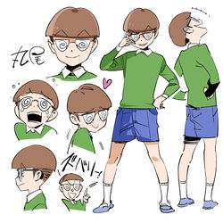  1boy 3_3 adjusting_eyewear blue_footwear blush brown_hair chibi_maruko-chan commentary_request glasses heart index_finger_raised laughing male_focus maruo_sueo photoshop_(medium) pointing pointing_up popqn reference_sheet round_eyewear shoes shorts simple_background smile socks tears white_background white_legwear 