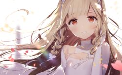  adjusting_hair artist_name backlighting blonde_hair blush braid butterfly_hair_ornament cleavage_cutout clothing_cutout commentary_request female floating_hair gloves hair_ornament hair_ribbon hand_in_own_hair lens_flare long_hair looking_at_viewer maquia_(sayoasa) motion_blur necomi parted_lips petals raised_eyebrows red_eyes ribbon ribbon_braid sayonara_no_asa_ni_yakusoku_no_hana_wo_kazarou side_braid signature smile solo tareme tearing_up tears twin_braids upper_body white_gloves white_ribbon wind 