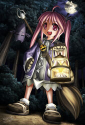  ahoge bat broom bush cloud coat examheart forest full_moon gloves hair_ribbon halloween lantern long_hair moon night open_mouth pink_eyes pink_hair purple_eyes ribbon shoes smile socks tree twintails 