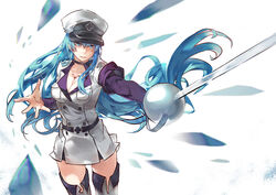  akame_ga_kill! blue_eyes blue_hair breasts chaun cleavage commentary_request esdeath female hat long_hair medium_breasts military military_uniform photoshop_(medium) solo sword uniform weapon 