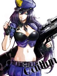  bad_id bad_link bad_twitter_id belt blue_eyes breasts caitlyn_(league_of_legends) cleavage crop_top female fingerless_gloves gloves gun large_breasts league_of_legends long_hair midriff navel officer_caitlyn police police_uniform policewoman rifle skirt solo sunglasses uniform weapon 