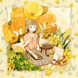  bad_id bad_pixiv_id blunt_bangs blush book book_on_lap bread brown_eyes brown_hair brown_skirt bug butterfly butterfly_on_hand closed_mouth coffee_pot cup cushion dandelion_seed female floral_background flower food fruit hand_up orange_(fruit) orange_flower orange_slice original pink_shirt poppy_(flower) seiza shirt short_hair sitting skirt smile solo somemachi tray yellow_flower 