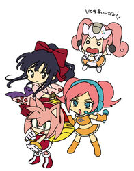  4girls amy_rose animal_nose bad_id bad_pixiv_id black_hair bow bukiko commentary_request company_connection crossover game_console gloves hairbow headset japanese_clothes multiple_girls pink_fur pink_hair ponytail red_bow sakura_taisen sega sega_dreamcast sega_dreamcast_(sega_hard_girls) sega_hard_girls shinguuji_sakura sonic_(series) space_channel_5 twintails ulala white_gloves 