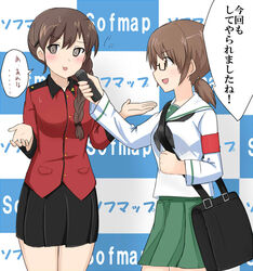  2girls :3 @_@ armband bag black-framed_eyewear black_neckerchief black_skirt blouse blush braid brown_eyes brown_hair carrying commentary cowboy_shot embarrassed flying_sweatdrops from_side girls_und_panzer glasses green_skirt hair_over_shoulder hair_tie holding jacket long_hair long_sleeves looking_at_viewer microphone miniskirt monokuro_bokkusu multiple_girls neckerchief ooarai_school_uniform ou_taiga parted_lips pleated_skirt red_jacket rukuriri_(girls_und_panzer) school_bag school_uniform semi-rimless_eyewear serafuku shirt short_hair short_twintails single_braid skirt sofmap sofmap_background st._gloriana&#039;s_military_uniform standing step_and_repeat sweatdrop translated twintails under-rim_eyewear white_shirt 