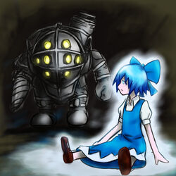  1boy ao_kamakiri big_daddy_(bioshock) bioshock_(series) bioshock_1 blue_eyes blue_hair bow cirno commentary_request dress drill drill_hand female glowing glowing_eyes hairbow image_sample nicoseiga_sample puffy_short_sleeves puffy_sleeves ribbon shoes short_hair short_sleeves sitting standing touhou 