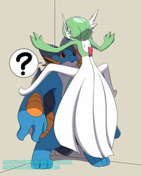  &quot;squirtle&quot;_(swampert) amphibian cicada_block duo female gardevoir generation_3_pokemon humor male meme mgx0 nintendo pokemon pokemon_(species) pseudo_clothing question_mark spread_legs spreading swampert what yuno_(gardevoir) 