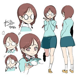  :d :o blush braid brown_eyes brown_hair chibi_maruko-chan commentary_request female frown glasses holding holding_removed_eyewear honami_tamae leg_up multiple_views opaque_glasses open_mouth photoshop_(medium) popqn reference_sheet shoes simple_background skirt smile standing standing_on_one_leg twin_braids unworn_eyewear white_background yellow_footwear 