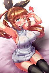  armpits black_thighhighs blue_eyes blush breasts brown_hair clarisse_(granblue_fantasy) commentary_request female granblue_fantasy green_eyes hair_ribbon heart highres long_hair meme_attire one_eye_closed orange_hair ponytail ribbon sideboob smile solo stir255 thighhighs virgin_killer_sweater 